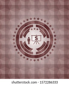 business presentation icon inside red seamless emblem with geometric pattern background.