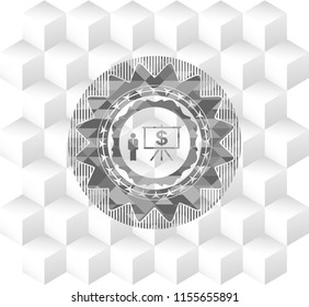 business presentation icon inside retro style grey emblem with geometric cube white background