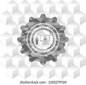 business presentation icon inside retro style grey emblem with geometric cube white background