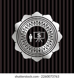 business presentation icon inside silver emblem. 