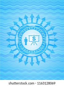 business presentation icon inside sky blue water emblem background.