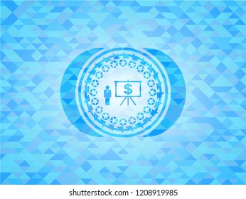 business presentation icon inside sky blue emblem with triangle mosaic background