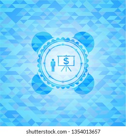 business presentation icon inside sky blue emblem with mosaic background