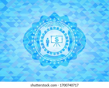 business presentation icon inside sky blue emblem with triangle mosaic background