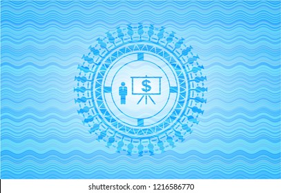 business presentation icon inside water wave style emblem.