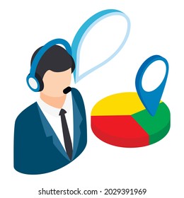 Icon für Geschäftspräsentationen isometrischer Vektorgrafik. Talking Mann mit Headset, Kuchendiagramm. Business Training, Seminar