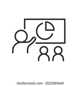 Business presentation icon, online meeting line icon isolated. Video conference concept. Distance work and learning. Vector element. Laptop, computer, chatting, conferencing
