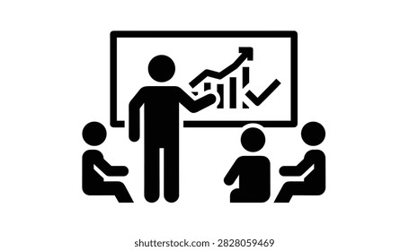 Business presentation icon representing a speaker explaining a rising bar chart to an audience on a whiteboard.