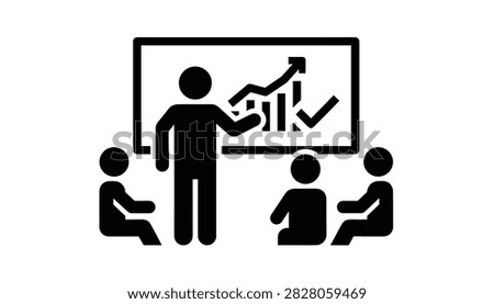Business presentation icon representing a speaker explaining a rising bar chart to an audience on a whiteboard.