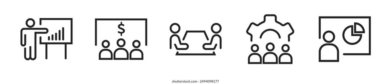 Business presentation icon set. Set of 5 outline icons related to meeting, conference, business people, audience, briefing, plan. Business presentation web outline icons collection.