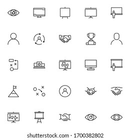 Conjunto de iconos de presentación empresarial. Colección de logotipo de esquema negro de alta calidad para diseño de sitios web y aplicaciones móviles. Ilustración vectorial en fondo blanco.