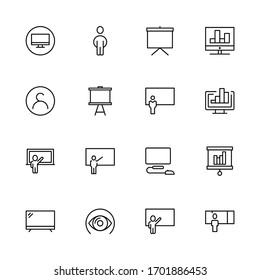 Conjunto de iconos de presentación empresarial. Colección de logotipo de esquema negro de alta calidad para diseño de sitios web y aplicaciones móviles. Ilustración vectorial en fondo blanco.