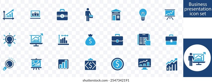 Conjunto de ícones de apresentação comercial. Contendo ícones de seminário, apresentação de vendas, palestra, reunião, quadro de comunicações, conferência e plano de negócios. Vetor de coleção de ícones do SolidName