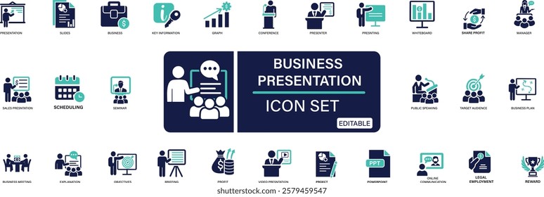 Business presentation icon set Containing seminar, sales presentation, keynote, meeting, whiteboard, conference , business plan You can easily change the color