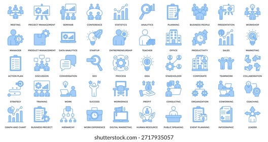 Symbolsatz für Geschäftspräsentationen. Enthaltend Meeting, Projektmanagement, Konferenz, Statistik, Analytik, Planung, Geschäftsleute, Workshop-Symbol. Einfacher linearer blauer Vektor