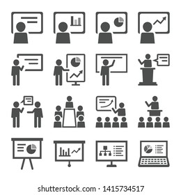 Business Presentation Icon Set. Contains Such Presenter. Teacher, Audience And More.