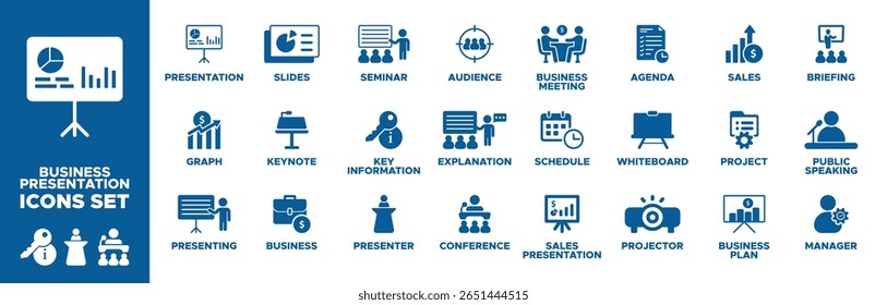 Business presentation icon set. presentation, graph, presenting, business, keynote, slides, seminar, key information, presenter, conference icons. Solid icon collection vector illustration.