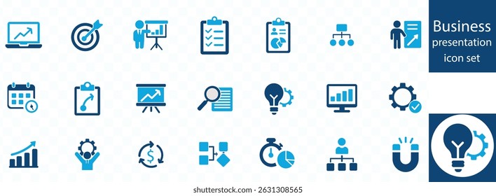 Conjunto de iconos de presentación de negocios. presentación de ventas, keynote, reunión, pizarra blanca, conferencia e iconos de Plan de negocios.
