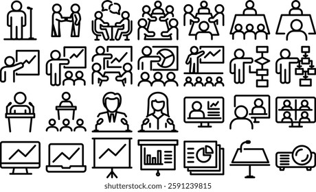 Business presentation icon set and training illustration for apps and websites.