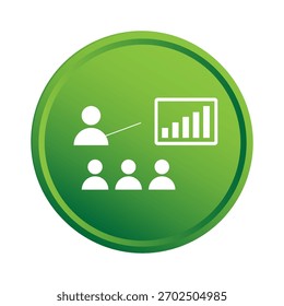 Ícone de apresentação comercial. Gráfico de progresso da equipe. Processo de treinamento Vetor. Esfera de gradiente verde.