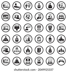 Business Presentation Icons. Black Flat Design In Circle. Vector Illustration.