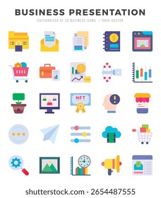 Paquete de iconos de presentación empresarial. Conjunto de iconos planos. Conjunto de colección de icono plano. Iconos vectoriales simples.