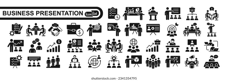 Business presentation icons set. Presentation, business, goals, meeting, whiteboard, conference and business plan icons. Vector illustration