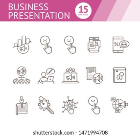 Business presentation icons. Set of line icons. Diagram, mobile with percent sign. Finance concept. Vector illustration can be used for topics like banking, business