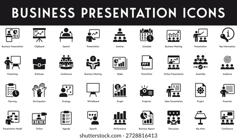 Ícones de apresentação de negócios Conjunto de ilustração vetorial com coleção de conferência discussão de desempenho agenda modelo de projeto gráfico estratégia de participação planejamento de público slides seminário
