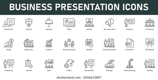 Business Presentation Icons vector illustration with thin line editable stroke containing keynote slides seminar key information conference graph explanation audience meeting schedule sales