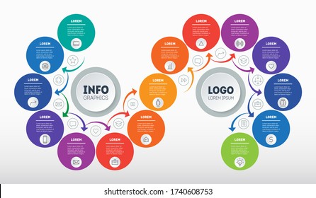 Business presentation or info graphics with 15 steps. Technological or education process. Template of Annual report is segmented into Fifteen parts, with arrows. Step-by-step path to success.