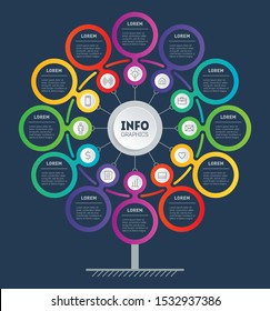 Business presentation or info graphics concept with 12 steps. Template of development tree. Infographic of technology or education process with options. Annual report is segmented into twelve months.