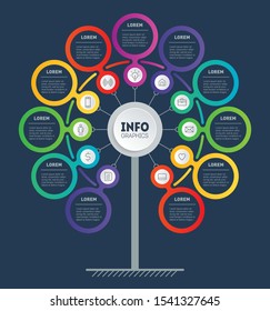 Business presentation or info graphics concept with 11 steps. Template of development tree. Diagram. Infographic of technology or education processes. Annual report is segmented into eleven parts.
