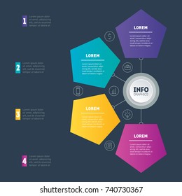 Business presentation or infographic with 4 options. Example of a chart, mindmap or diagram on dark background. Vector dynamic infographics or mind map of technology or education process