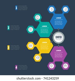 Business presentation or infographic with 4 options. Vector infographics or mind map of technology or education process on dark background. Example of a chart, mindmap or diagram with 4 steps