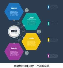Business presentation or infographic with 4 options. Vector infographics or mind map of technology or education process on dark background. Example of a chart, mindmap or diagram with 4 steps