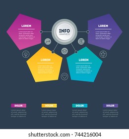 Business presentation or infographic with 4 options. Example of a chart, mindmap or diagram on dark background. Vector infographics or mind map of technology or education process.