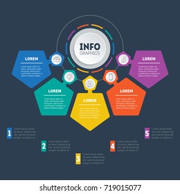 Business presentation or infographic with 5 options. Vector dynamic infographics with five parts of technology or education process. Web Template of a info graphic, mindmap or diagram with 5 steps. 