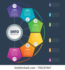 Business presentation or infographic with 6 options. Vector infographics or mind map of technology or education process. Web Template of a chart, mindmap or diagram with 6 steps.