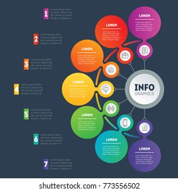Business presentation or infographic with 7 options. Web Template of a chart, mindmap or diagram. Vector  infographics or mind map of technology or education process.