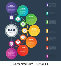 Business presentation or infographic with 7 options. Web Template of a chart, mindmap or diagram. Vector dynamic infographics or mind map of technology or education process