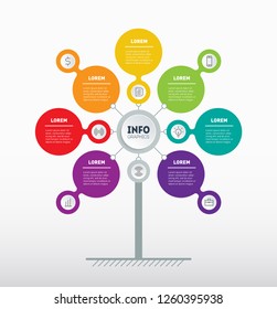 Business presentation or infographic concept with 7 options. Web Template of tree, info chart or diagram. Technology or education process with 7 steps. Vector.