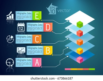 Business presentation infographic concept with colorful 3d squares five ribbon text banners and icons vector illustration