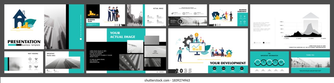 Business presentation infographic design template green, elements, white background. Start a business. A team of people creates a city business. Financial work in a team. Use of flyers, marketing, SEO