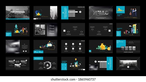 Business presentation, infographic design template with blue elements, black background. A team of people creates a city business. Financial work in a team.Use of flyers in marketing, SEO, real estate