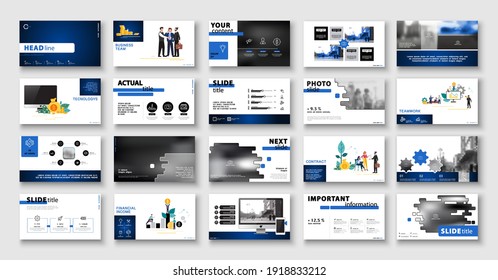 Business presentation, infographic design template, blue black elements, white background set. New technology. Team of people creates a business, teamwork. Financial work. Use of flyers, SEO, info