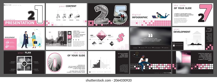 Business presentation infographic design template pink, powerpoint, elements, white background, set. Start a business. A team of people creates a city business. Financial work in a team. Use of flyers