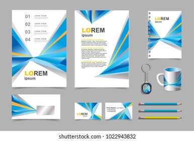 Business presentation infographic elements template set, annual report corporate vertical brochure design. Pencil, mug, keychain, flyer.