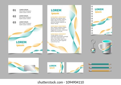 Business presentation infographic elements template set. Annual report corporate vertical brochure design, pencil, mug, keychain, flyer.

