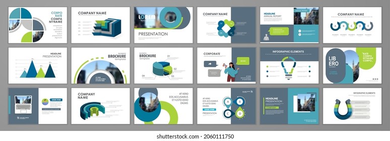 Business presentation infographic elements template set. Keynote presentation background, slide design, website ideas, brochure cover design, landing page, annual report brochure. Vector Illustration